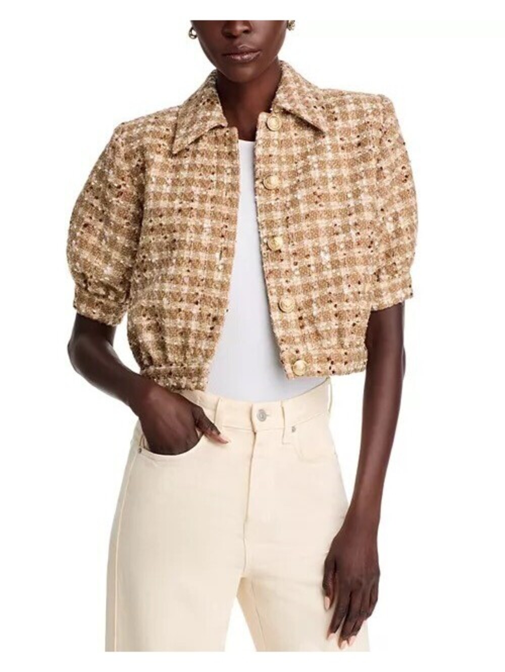 L'AGENCE Cove Tan Cream Checkered Tweed Cropped Jacket Gold Button Size P / XS